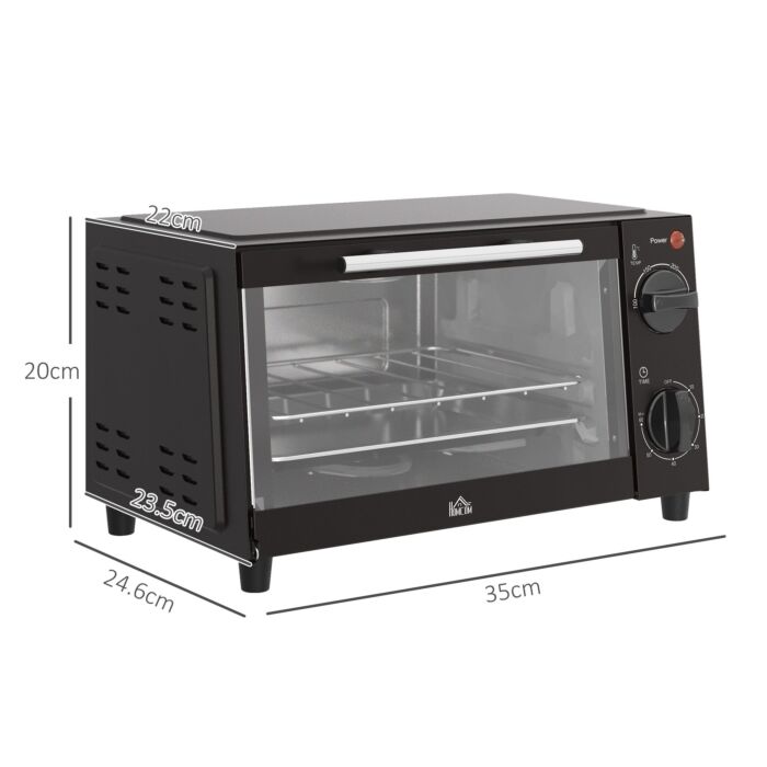Homcom Convection Mini Oven, 9l Countertop Electric Grill, Toaster Oven With Adjustable Temperature, Timer, Baking Tray And Wire Rack, 750w