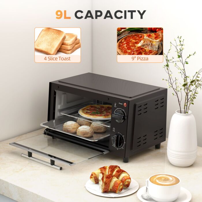 Homcom Convection Mini Oven, 9l Countertop Electric Grill, Toaster Oven With Adjustable Temperature, Timer, Baking Tray And Wire Rack, 750w