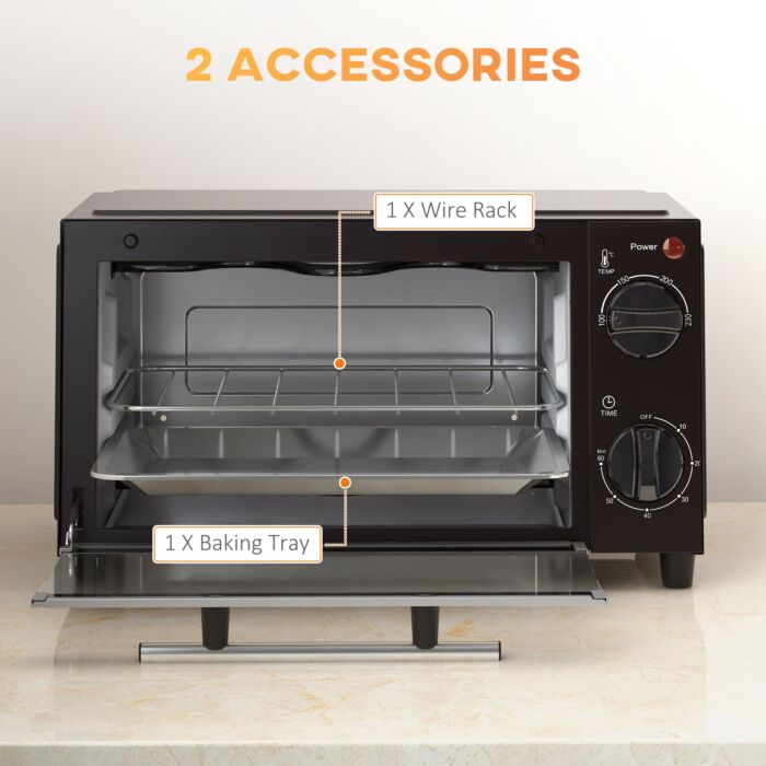 Homcom Convection Mini Oven, 9l Countertop Electric Grill, Toaster Oven With Adjustable Temperature, Timer, Baking Tray And Wire Rack, 750w