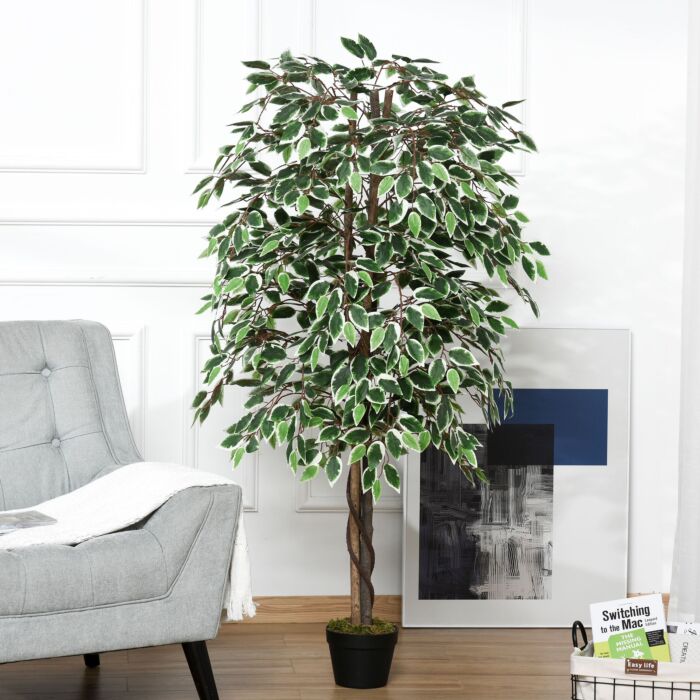 Outsunny 160cm/5.2ft Artificial Ficus Silk Tree With Nursery Pot, Decorative Fake Plant, For Décor