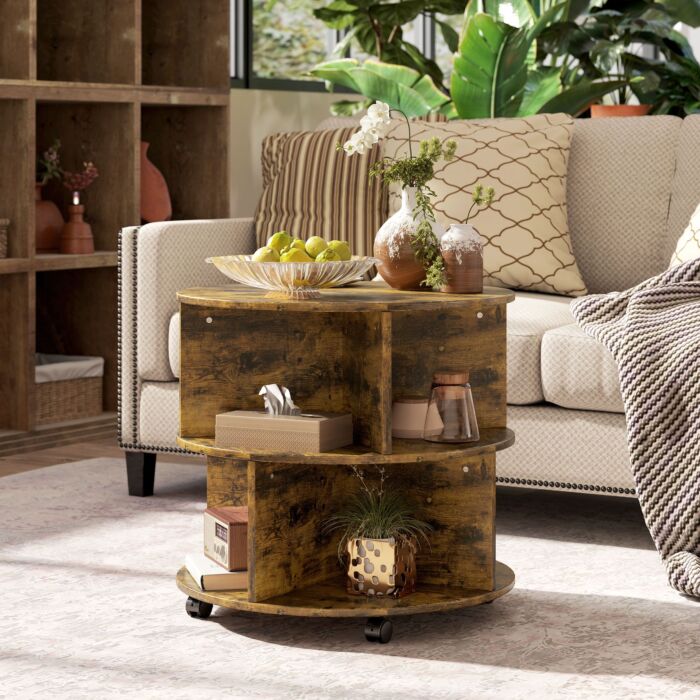 Homcom Round Coffee Table With Wheels, 3-tier Rolling Side Table For Living Room With Divided Shelves, Rustic Brown