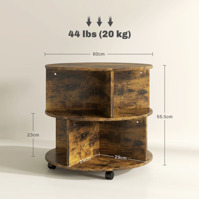 Homcom Round Coffee Table With Wheels, 3-tier Rolling Side Table For Living Room With Divided Shelves, Rustic Brown