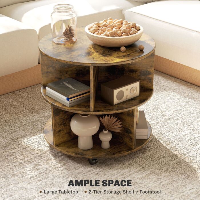 Homcom Round Coffee Table With Wheels, 3-tier Rolling Side Table For Living Room With Divided Shelves, Rustic Brown