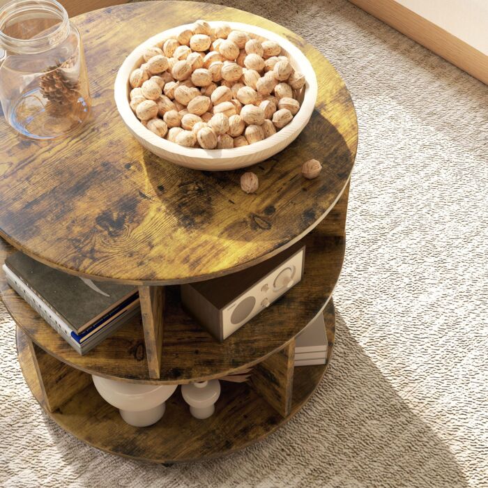 Homcom Round Coffee Table With Wheels, 3-tier Rolling Side Table For Living Room With Divided Shelves, Rustic Brown