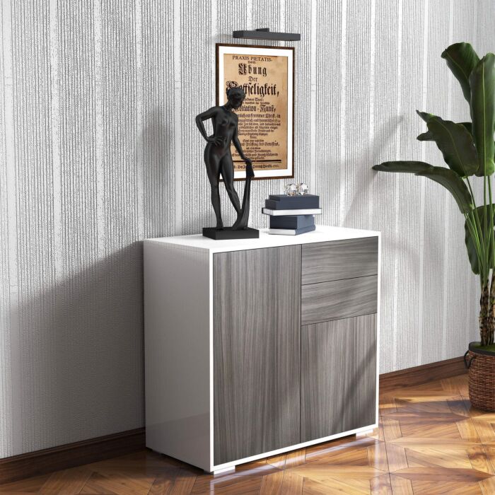 Homcom Modern Stylish Freestanding Push-open Design Cabinet With 2 Drawer, 2 Door Cabinet, 2 Part Inner Space Light Grey And White