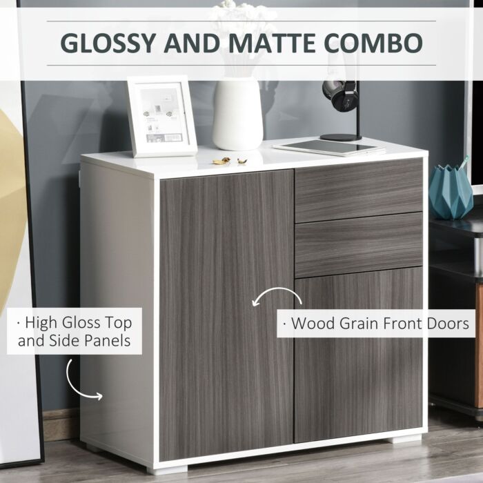 Homcom Modern Stylish Freestanding Push-open Design Cabinet With 2 Drawer, 2 Door Cabinet, 2 Part Inner Space Light Grey And White