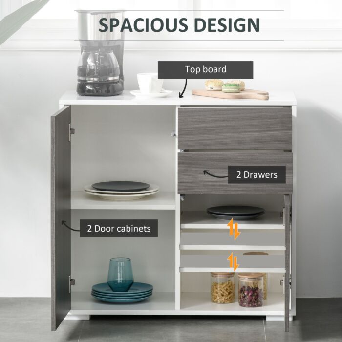 Homcom Modern Stylish Freestanding Push-open Design Cabinet With 2 Drawer, 2 Door Cabinet, 2 Part Inner Space Light Grey And White
