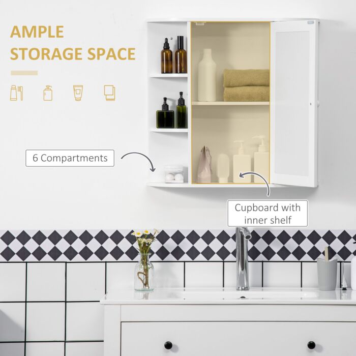 Homcom Bathroom Mirror Cabinet, Wall Mounted Storage Cupboard With Mirror Single Door Storage Organizer 2-tier Inner Shelves, White