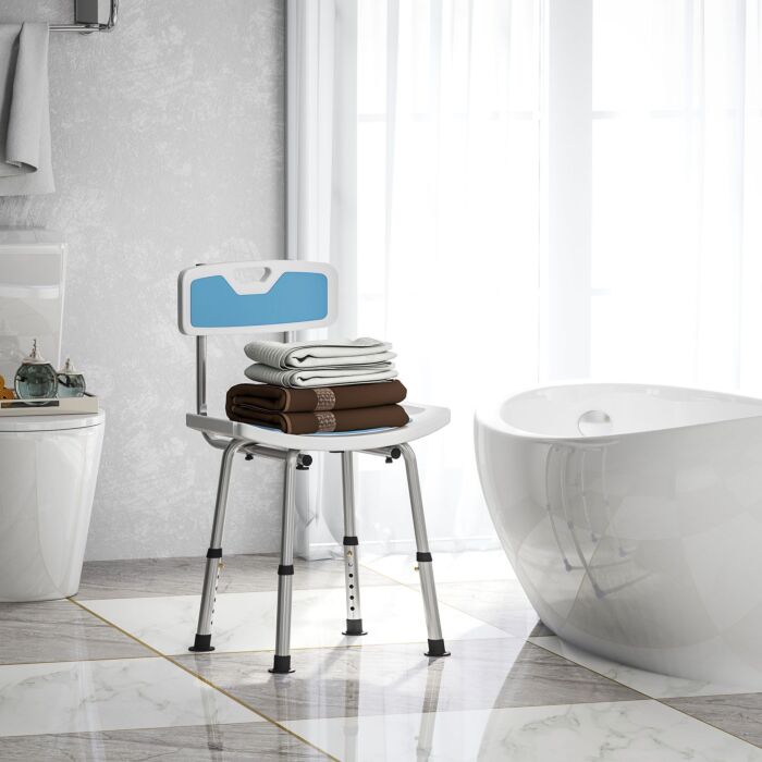 Homcom Shower Stool With Backrest, Height Adjustable Shower Chair With Anti-slip Foot Pads, Shower Head Holder, Light Blue