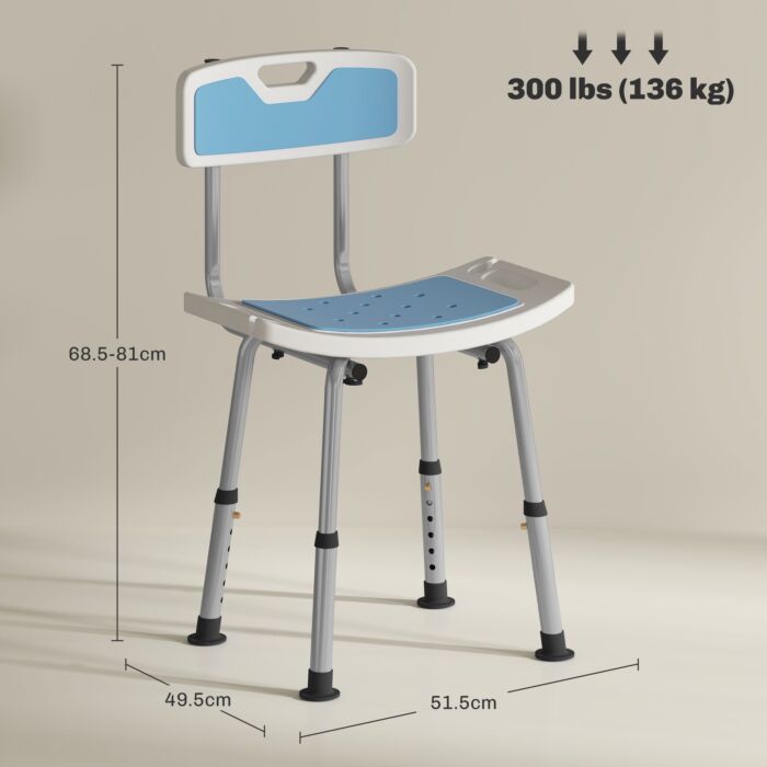 Homcom Shower Stool With Backrest, Height Adjustable Shower Chair With Anti-slip Foot Pads, Shower Head Holder, Light Blue