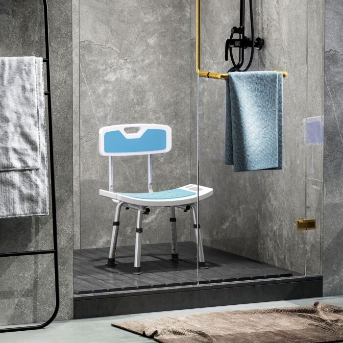 Homcom Shower Stool With Backrest, Height Adjustable Shower Chair With Anti-slip Foot Pads, Shower Head Holder, Light Blue