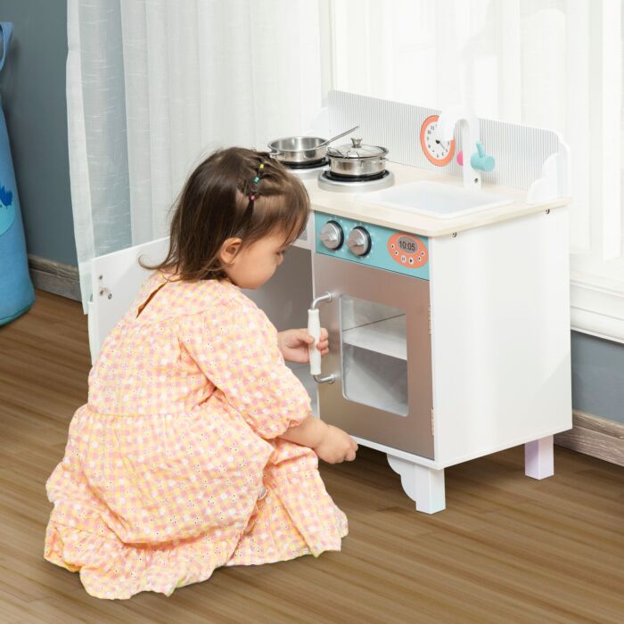Homcom Kids Wooden Toy Kitchen Play Cooking Set Pretend Role Playset, With Sink Faucet, Cooking Bench, Stainless Steel Pot For 3-6 Years