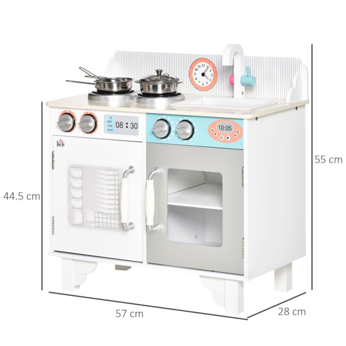 Homcom Kids Wooden Toy Kitchen Play Cooking Set Pretend Role Playset, With Sink Faucet, Cooking Bench, Stainless Steel Pot For 3-6 Years