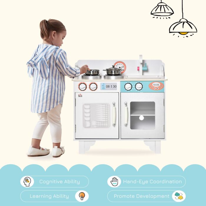 Homcom Kids Wooden Toy Kitchen Play Cooking Set Pretend Role Playset, With Sink Faucet, Cooking Bench, Stainless Steel Pot For 3-6 Years