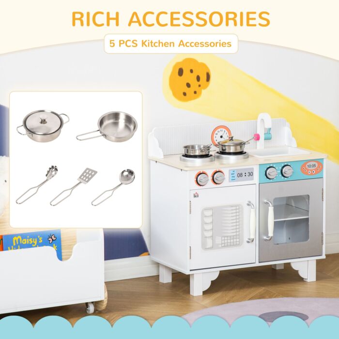 Homcom Kids Wooden Toy Kitchen Play Cooking Set Pretend Role Playset, With Sink Faucet, Cooking Bench, Stainless Steel Pot For 3-6 Years