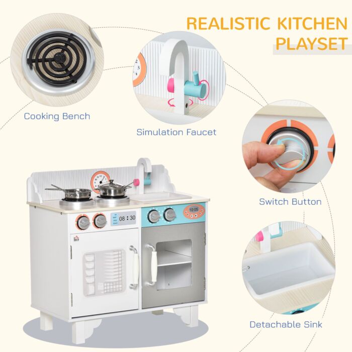 Homcom Kids Wooden Toy Kitchen Play Cooking Set Pretend Role Playset, With Sink Faucet, Cooking Bench, Stainless Steel Pot For 3-6 Years