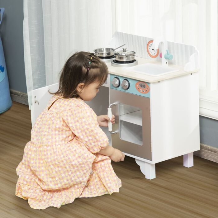 Homcom Kids Wooden Toy Kitchen Play Cooking Set Pretend Role Playset, With Sink Faucet, Cooking Bench, Stainless Steel Pot For 3-6 Years