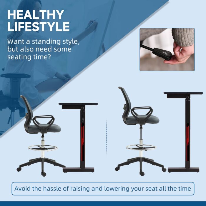 Vinsetto Ergonomic Mesh Back Drafting Chair Draughtsman Chair With Adjustable Height, Grey