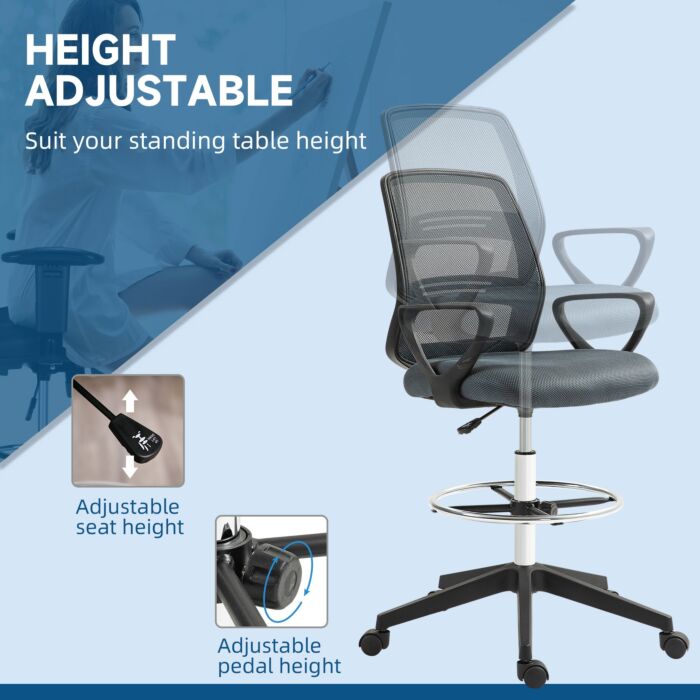 Vinsetto Ergonomic Mesh Back Drafting Chair Draughtsman Chair With Adjustable Height, Grey
