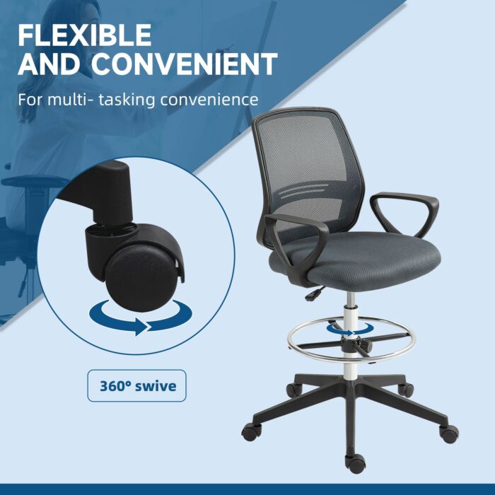 Vinsetto Ergonomic Mesh Back Drafting Chair Draughtsman Chair With Adjustable Height, Grey
