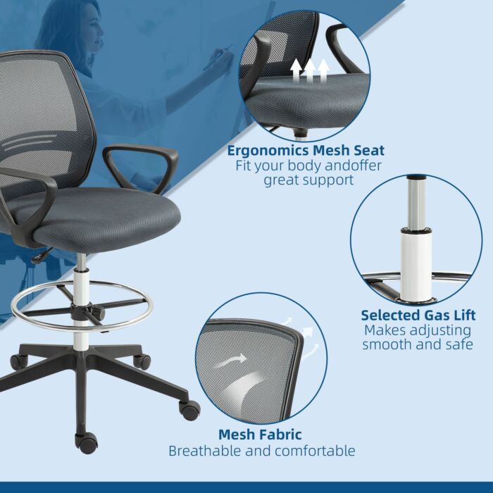 Vinsetto Ergonomic Mesh Back Drafting Chair Draughtsman Chair With Adjustable Height, Grey