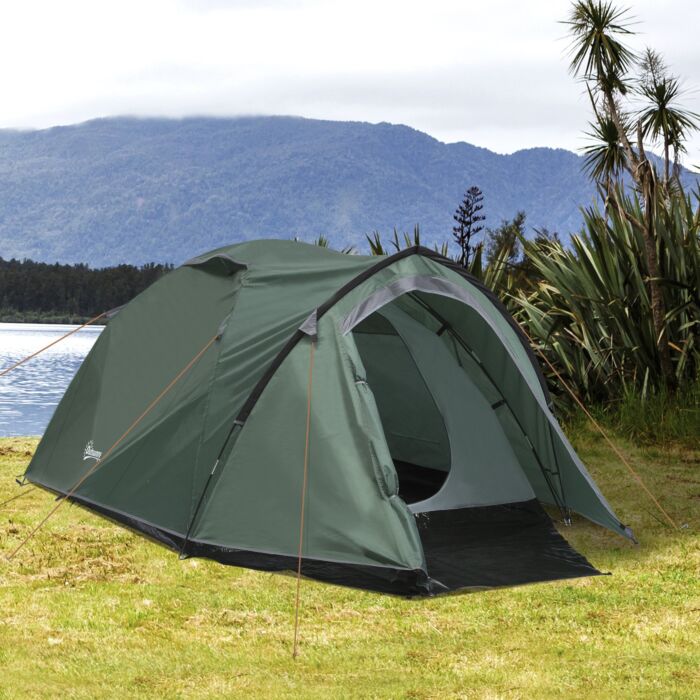 Outsunny Camping Dome Tent 2 Room For 3-4 Person With Weatherproof Vestibule Backpacking Tent Large Windows Lightweight For Fishing & Hiking Green