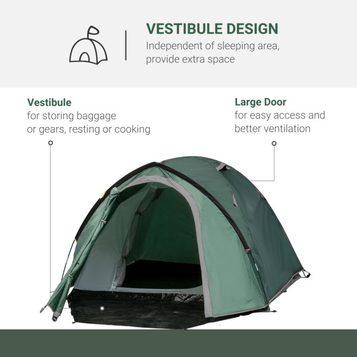 Outsunny Camping Dome Tent 2 Room For 3-4 Person With Weatherproof Vestibule Backpacking Tent Large Windows Lightweight For Fishing & Hiking Green
