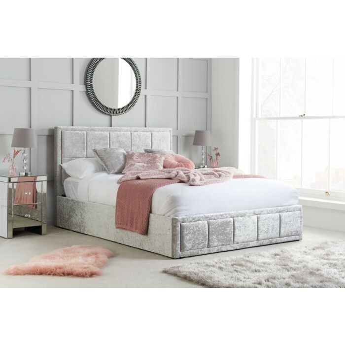 Hannover Small Double Ottoman Bed Steel Crushed Velvet