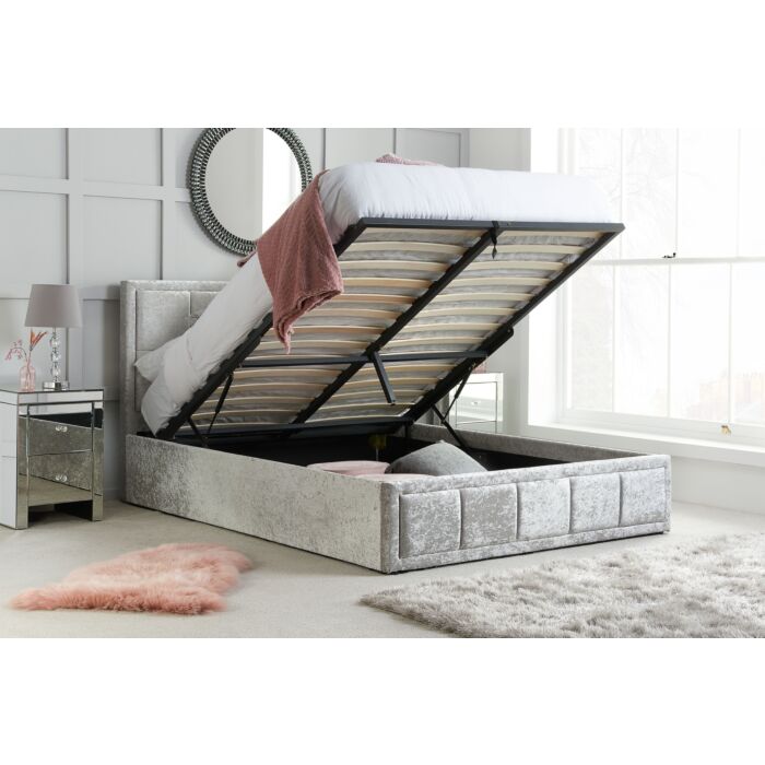 Hannover Small Double Ottoman Bed Steel Crushed Velvet