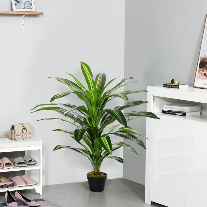 Outsunny 110cm/3.6ft Artificial Dracaena Tree Decorative Plant 40 Leaves With Nursery Pot, Fake Tropical Tree For Décor
