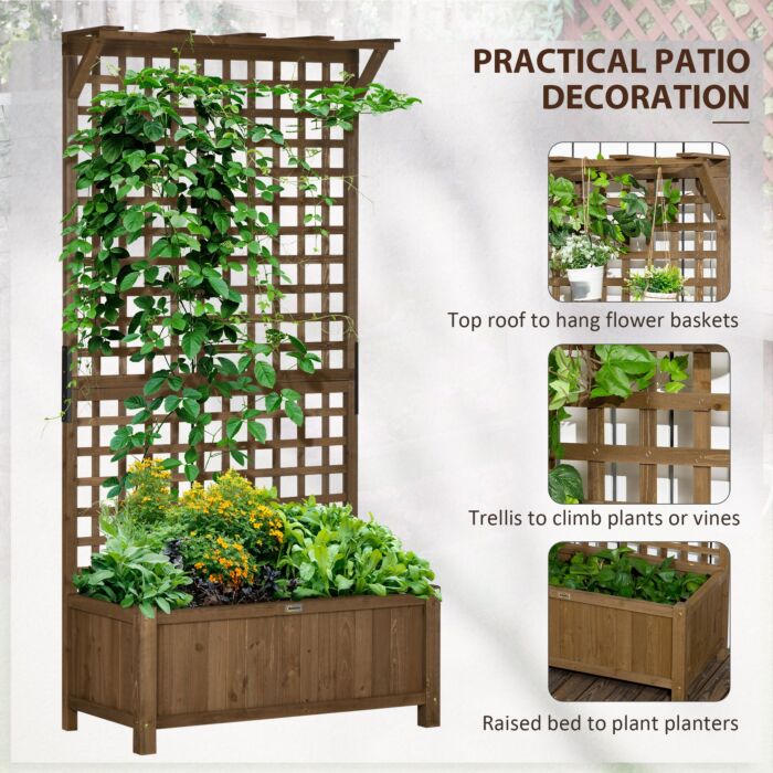 Outsunny 2 Pcs Raised Bed With Drainage Holes, Wood Planter With Trellis For Climbing Plants To Grow Vegetables, Flowers, Brown