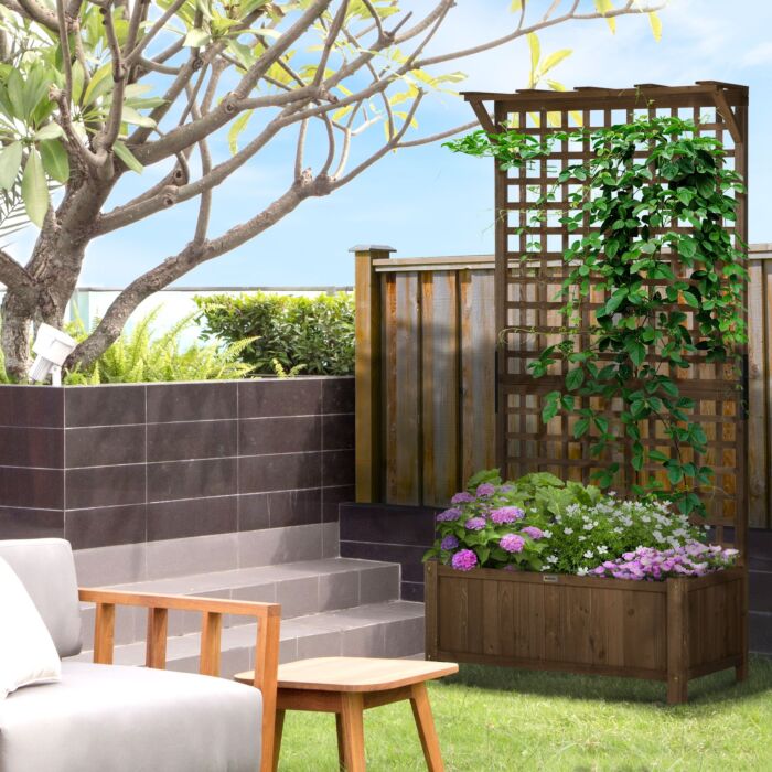 Outsunny 2 Pcs Raised Bed With Drainage Holes, Wood Planter With Trellis For Climbing Plants To Grow Vegetables, Flowers, Brown