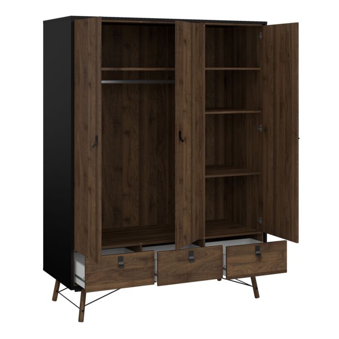 Ry 3 Piece Bundle, Bedside, Chest And 3 Door 3 Drawer Wardrobe In Matt Black Walnut