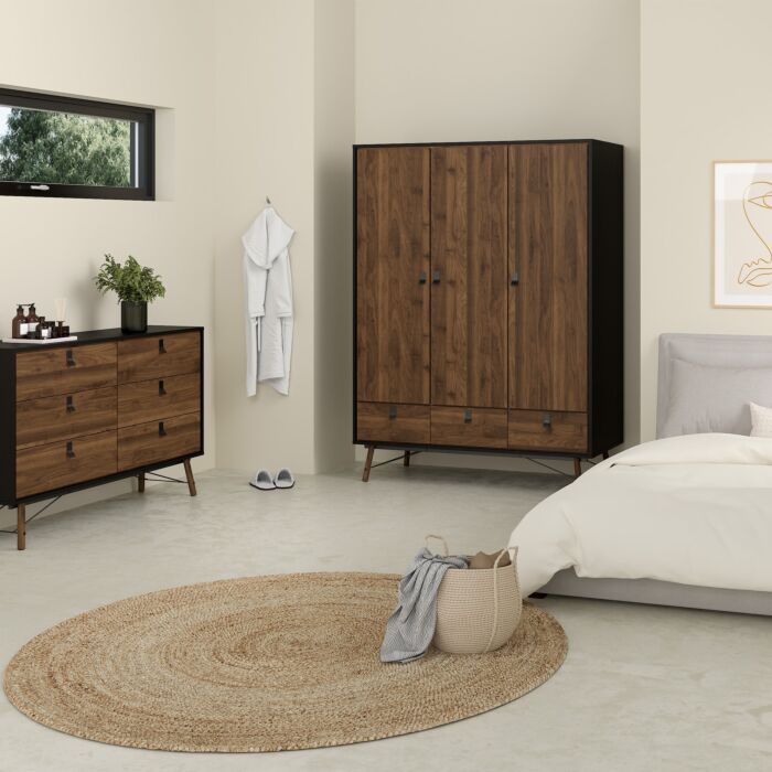 Ry 3 Piece Bundle, Bedside, Chest And 3 Door 3 Drawer Wardrobe In Matt Black Walnut