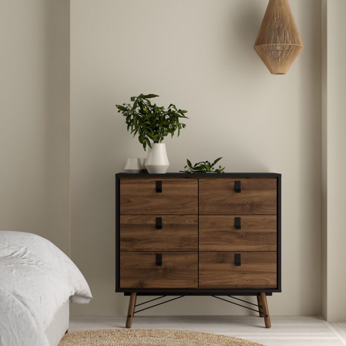 Ry 3 Piece Bundle, Bedside, Chest And 3 Door 3 Drawer Wardrobe In Matt Black Walnut