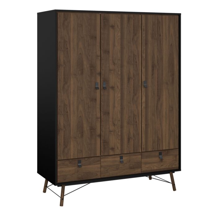 Ry 3 Piece Bundle, Bedside, Chest And 3 Door 3 Drawer Wardrobe In Matt Black Walnut