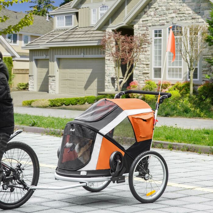 Pawhut Dog Bike Trailer 2-in-1 Pet Stroller For Large Dogs Cart Foldable Bicycle Carrier Aluminium Frame With Safety Leash Hitch Coupler Flag Orange
