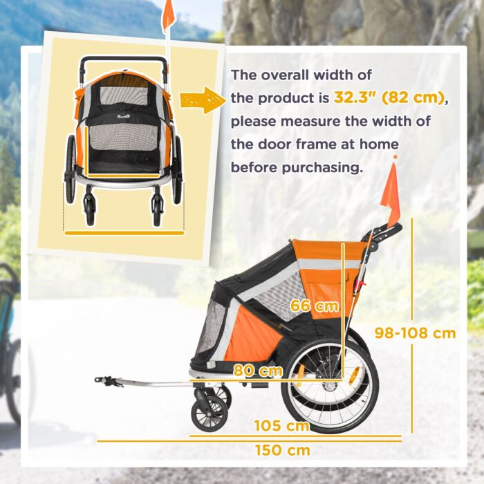 Pawhut Dog Bike Trailer 2-in-1 Pet Stroller For Large Dogs Cart Foldable Bicycle Carrier Aluminium Frame With Safety Leash Hitch Coupler Flag Orange