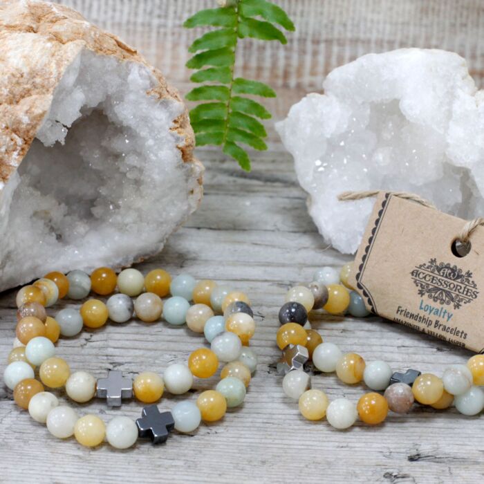 Set Of 2 Gemstones Friendship Bracelets - Loyalty - Amazonite & Yellow Jasper