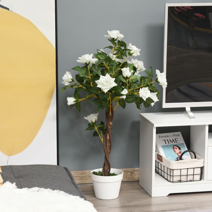 Outsunny 90cm/3ft Artificial Rose Tree Fake Decorative Plant W/ 21 Flowers Pot Faux Decoration Home Office Décor White & Green