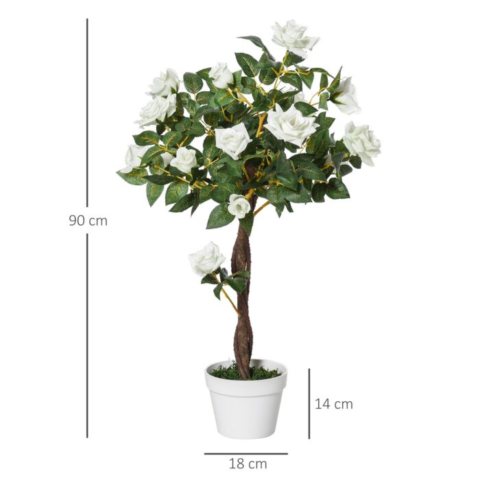 Outsunny 90cm/3ft Artificial Rose Tree Fake Decorative Plant W/ 21 Flowers Pot Faux Decoration Home Office Décor White & Green