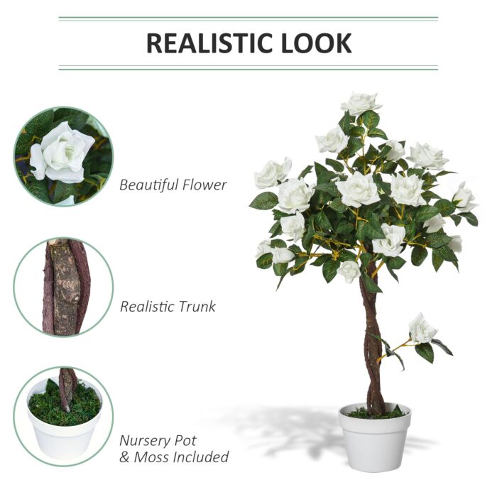 Outsunny 90cm/3ft Artificial Rose Tree Fake Decorative Plant W/ 21 Flowers Pot Faux Decoration Home Office Décor White & Green