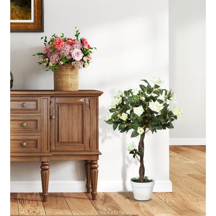 Outsunny 90cm/3ft Artificial Rose Tree Fake Decorative Plant W/ 21 Flowers Pot Faux Decoration Home Office Décor White & Green