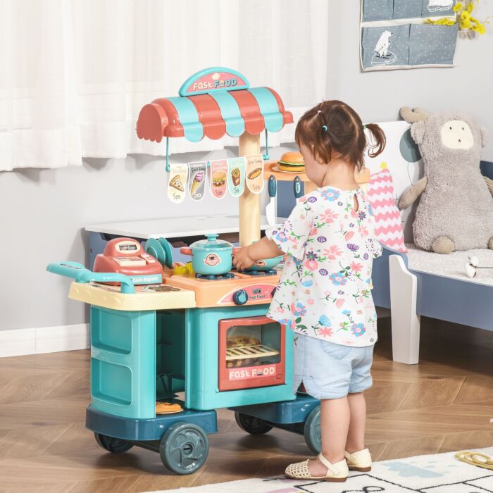Homcom 50 Pcs Kids Kitchen Play Set Fast Food Trolley Cart Pretend Playset Toys With Play Food Money Cash Register Accessories Gift For Kids Age 3-6