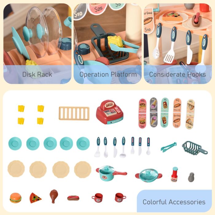 Homcom 50 Pcs Kids Kitchen Play Set Fast Food Trolley Cart Pretend Playset Toys With Play Food Money Cash Register Accessories Gift For Kids Age 3-6