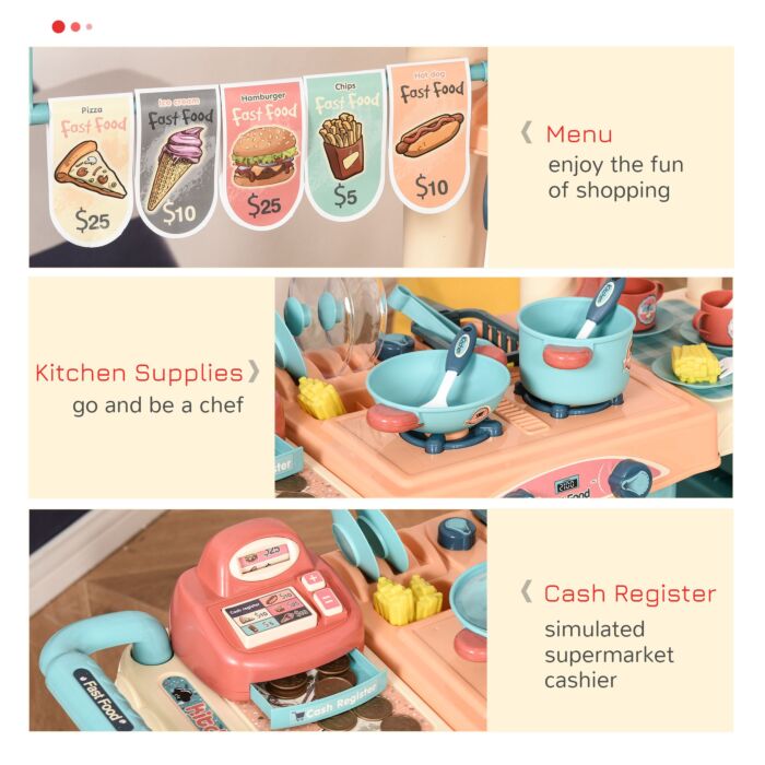 Homcom 50 Pcs Kids Kitchen Play Set Fast Food Trolley Cart Pretend Playset Toys With Play Food Money Cash Register Accessories Gift For Kids Age 3-6