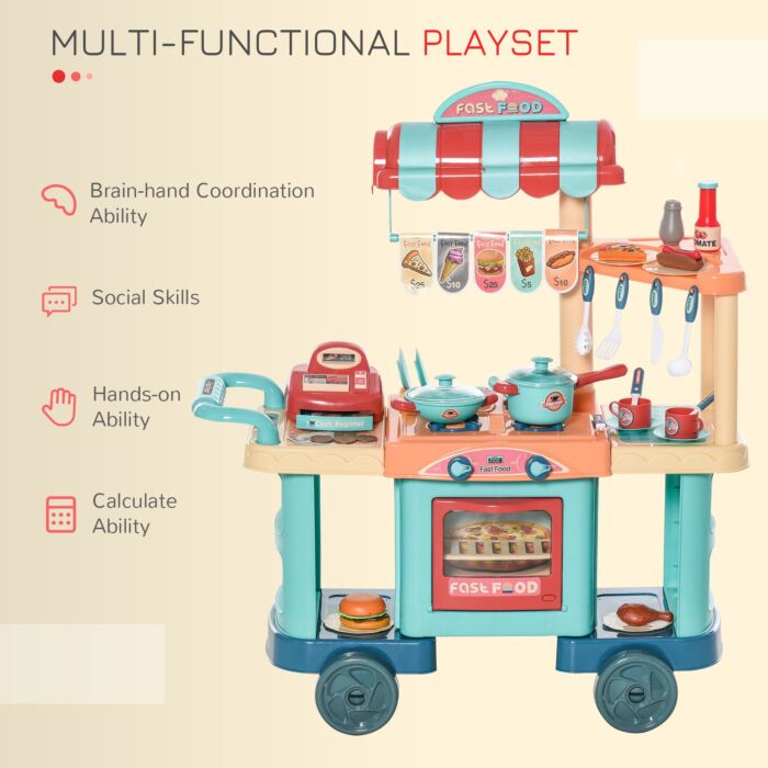 Homcom 50 Pcs Kids Kitchen Play Set Fast Food Trolley Cart Pretend Playset Toys With Play Food Money Cash Register Accessories Gift For Kids Age 3-6