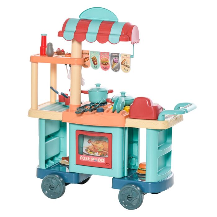 Homcom 50 Pcs Kids Kitchen Play Set Fast Food Trolley Cart Pretend Playset Toys With Play Food Money Cash Register Accessories Gift For Kids Age 3-6