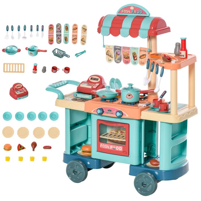Homcom 50 Pcs Kids Kitchen Play Set Fast Food Trolley Cart Pretend Playset Toys With Play Food Money Cash Register Accessories Gift For Kids Age 3-6