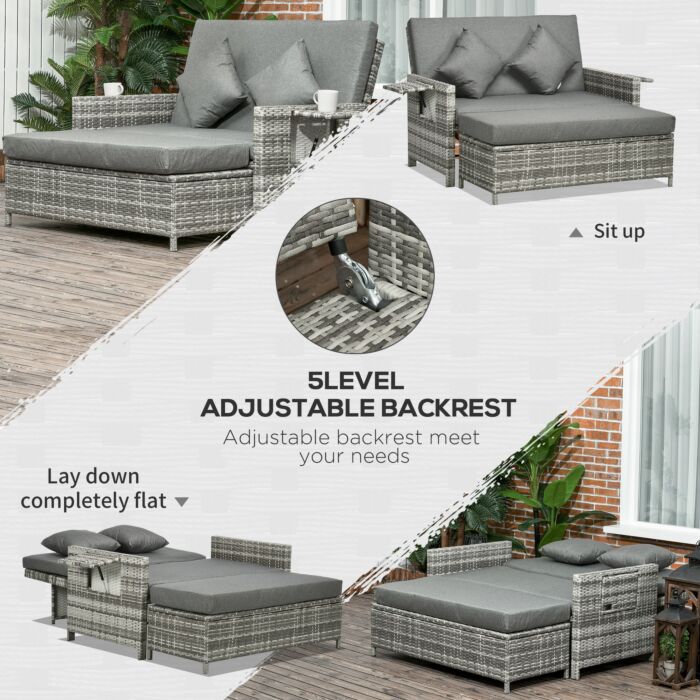 Outsunny 2 Seater Assembled Garden Patio Outdoor Rattan Furniture Sofa Sun Lounger Daybed With Fire Retardant Sponge - Grey